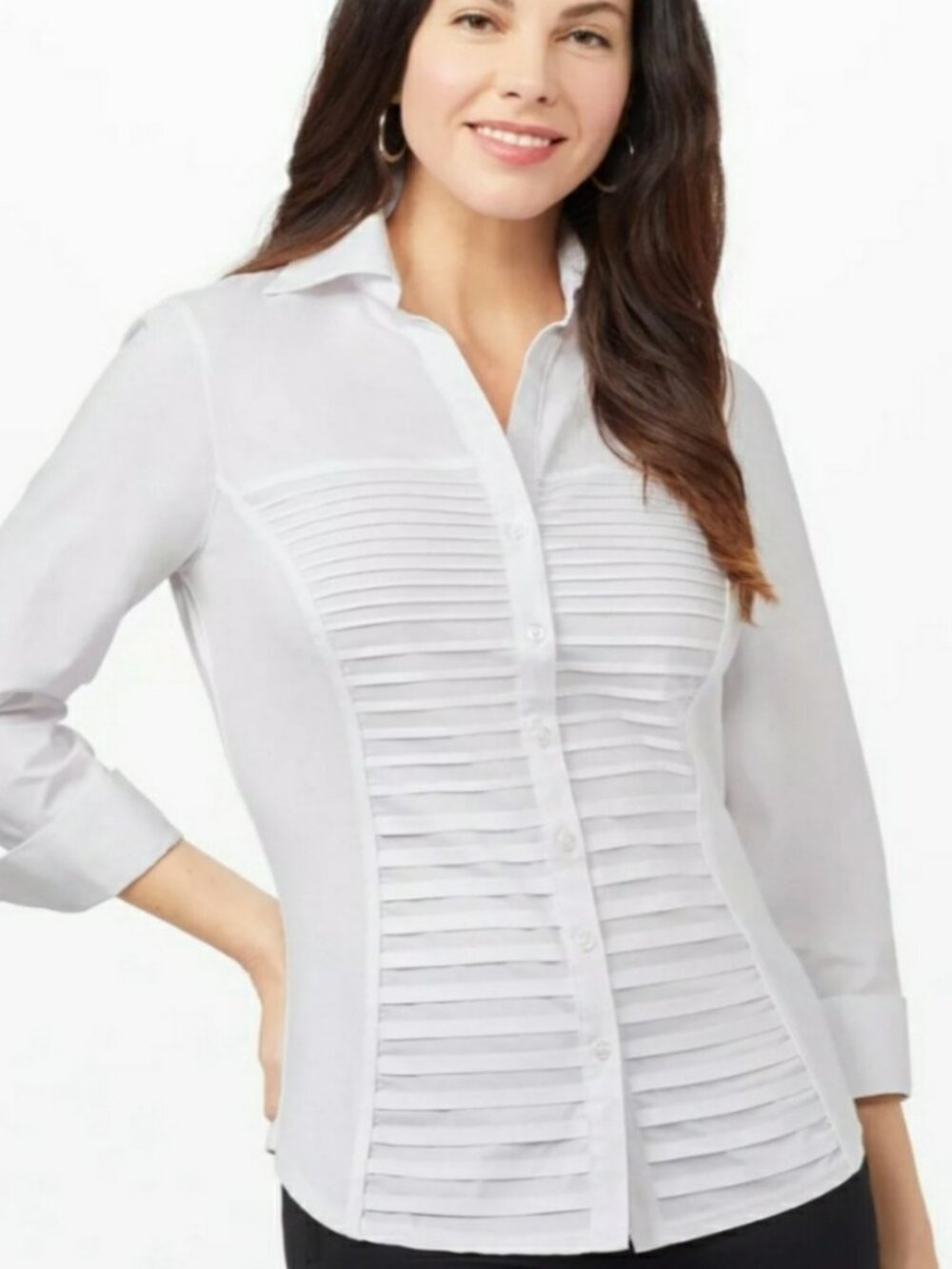 Zac & Rachel Pintuck Button-Down Blouse White Collared 3/4 Sleeve Size XL